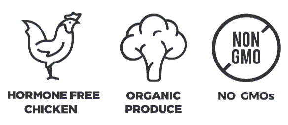 Your  meals are made with ingredients that are: non gmo, dairy free, gluten free, soy free, organic produce and hormone free meat.