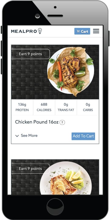 MealPro is a tasty food delivery company. Ordering healthy food online has never been easier. MealPro is a food delivery startup. The picture shows MealPro's graphical user interface on the menu page