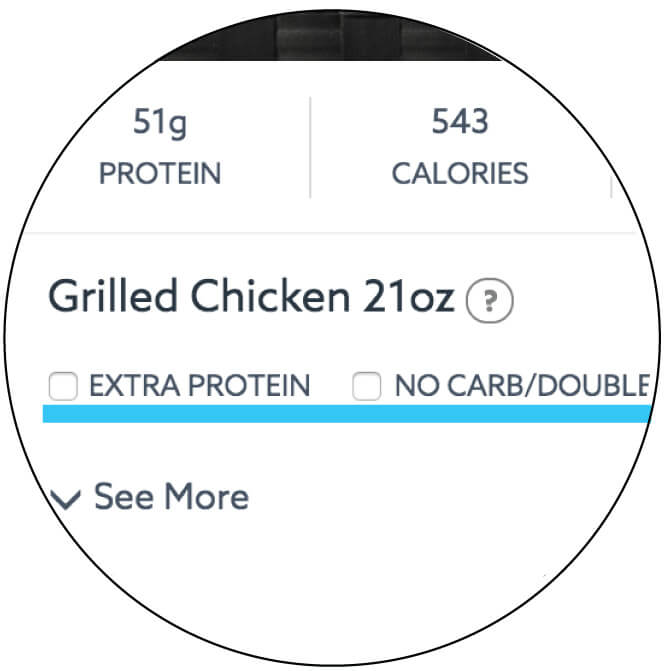 Each meal has customization check boxes that you can use to customize your healthy meal on the menu page.