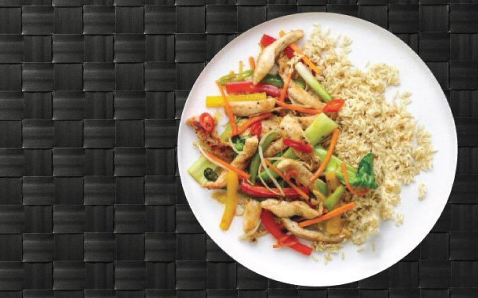 High protein chicken with vegetables and complex carbs