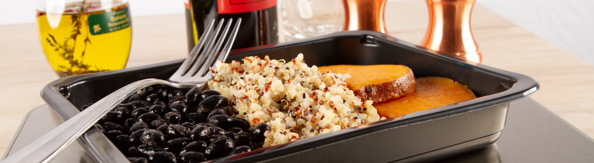 Picture of  vegan meals plated in a microwave safe vegan meal prep containers