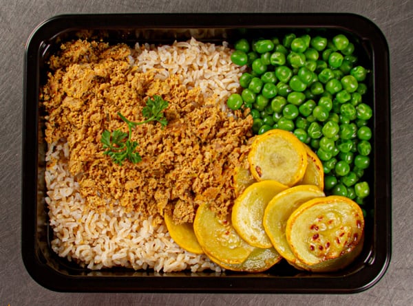 Couscous Shrimp Meal Plated and Vacuum Sealed in a Meal Container