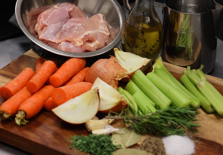 Ingredients for chicken broth recipe from scraps
