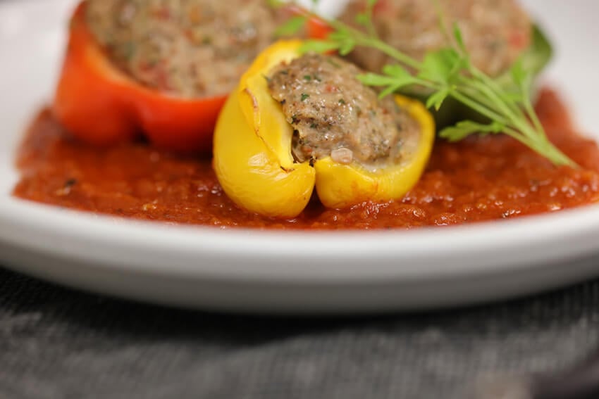 bodybuilder stuffed bell peppers plated and garnished