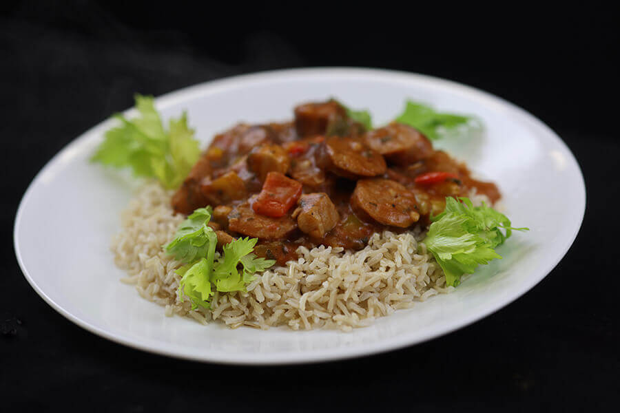 chicken sausage gumbo plated and garnished