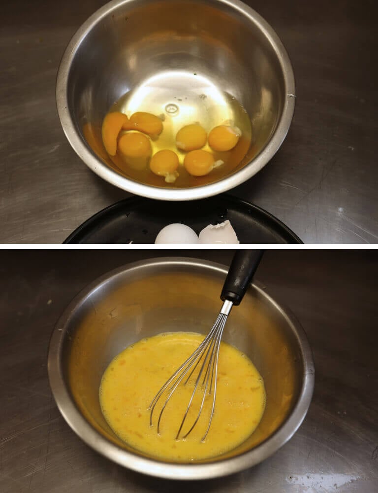 eggs in mixing bowl cracked and whisked