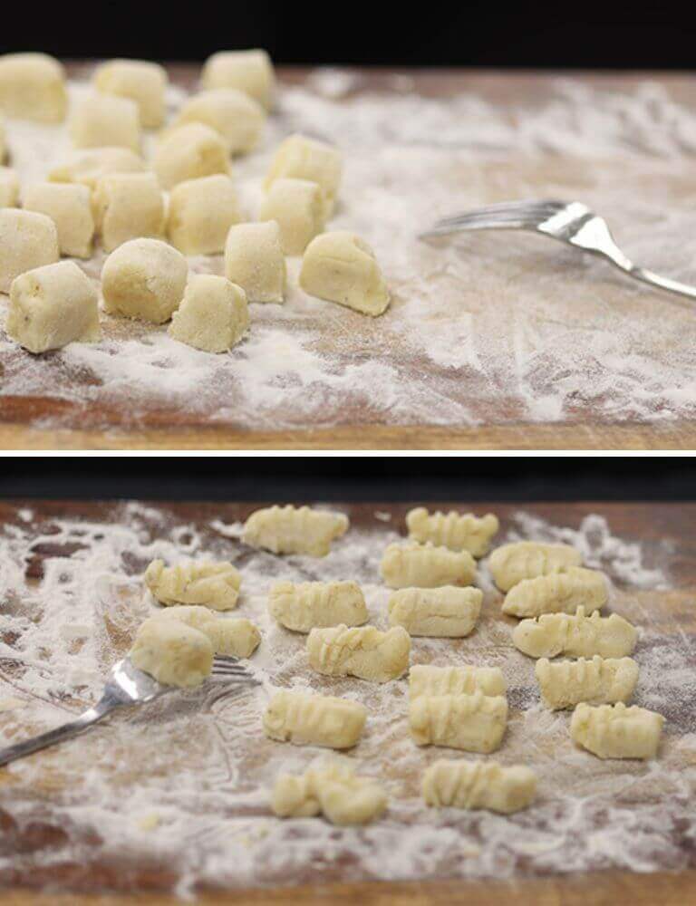 shaping the gnocchi dumplings with fork