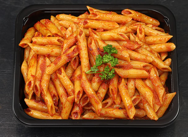 Penne pasta rigate and san marzano tomato marinara sauce.