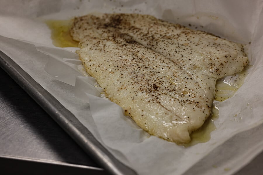 The Flounder fillet going into the oven