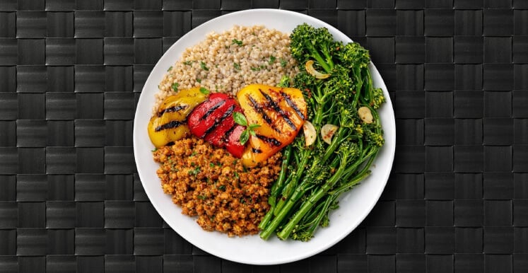Cooked Farro Ground Turkey and Steamed Broccolini